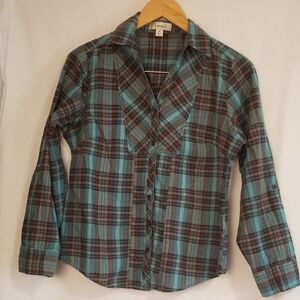 Dressbarn Teal and Brown Plaid Shirt With V-Neck and Adjustable Sleeves Size M